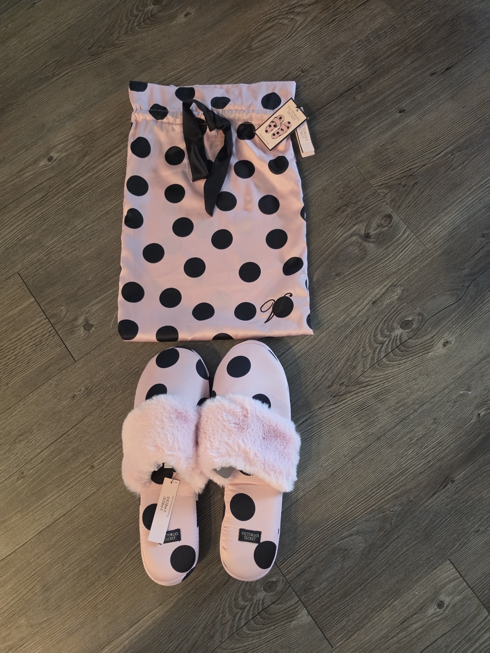Victoria's Secret Pink and Black Polka Dot Fuzzy Slide Slippers